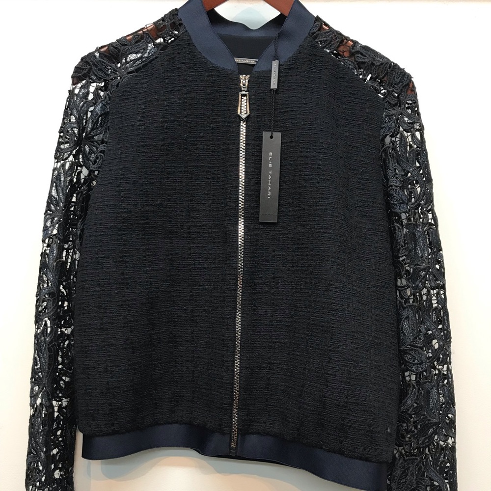 Elie Tahari lace sleeve tweed jacket